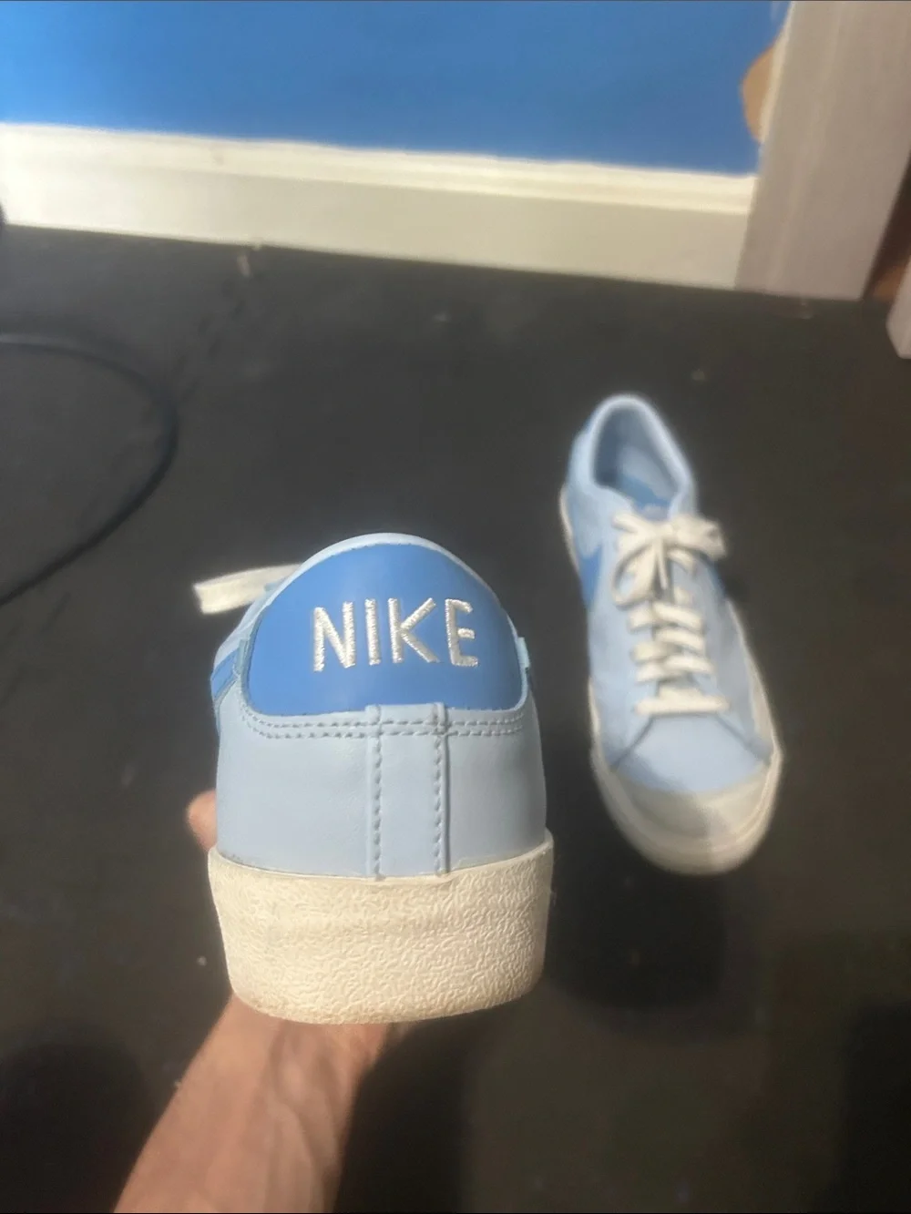 Nike Light Blue and White Low-Top Sneakers with Blue Swoosh